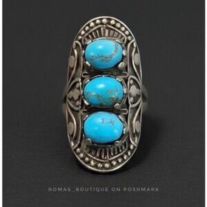 Vintage style Southwest turquoise ring with ornate 925 sterling silver band